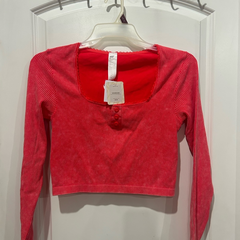 Fabletics Red Ribbed Henley Long Sleeve Crop Top